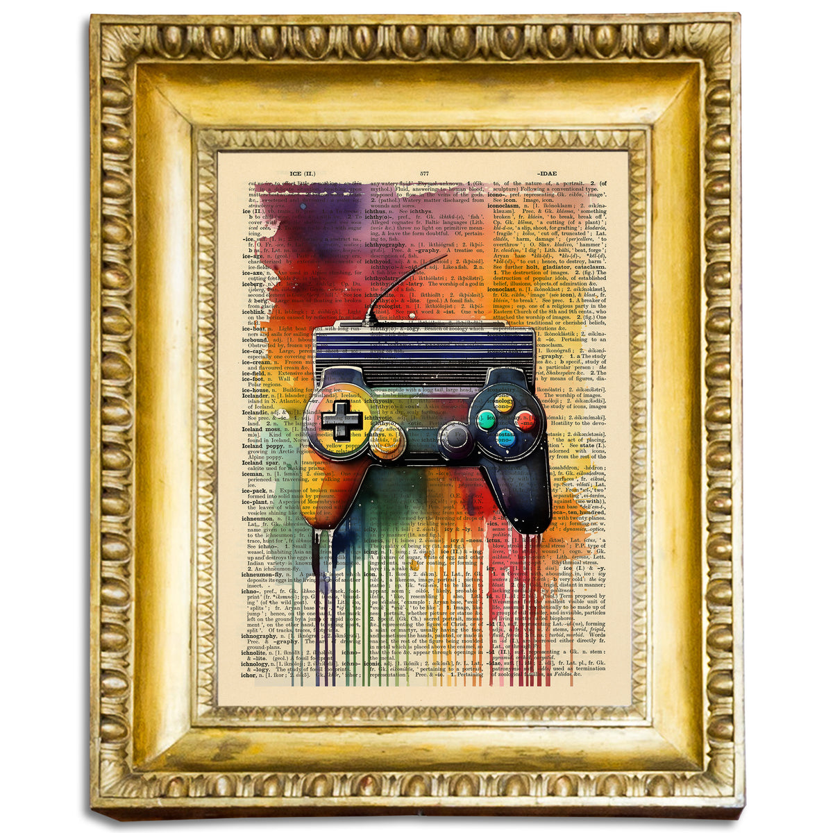 Retro Games Gamepad colourful gaming art print on a vintage dictionary page by Jakub DK