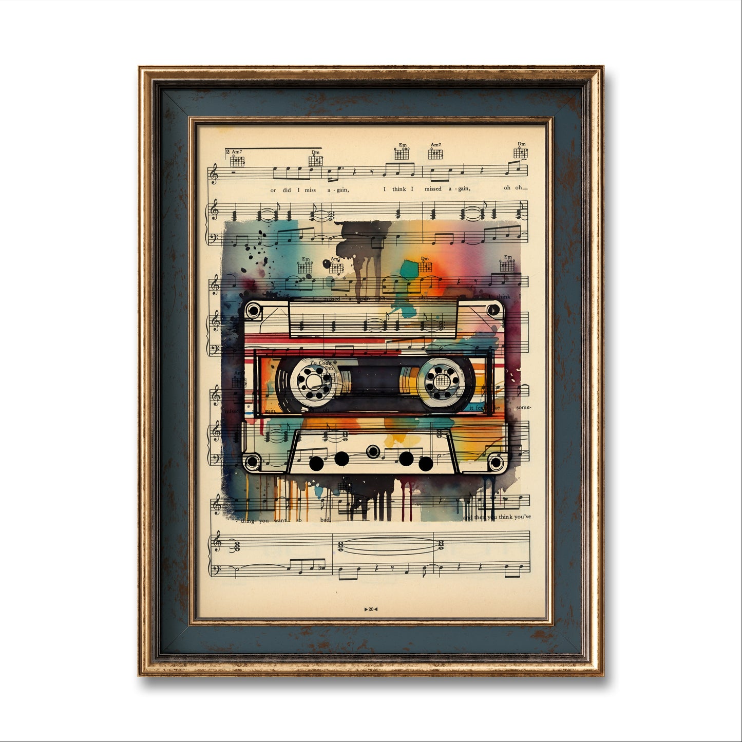 Digital art series featuring a white mixtape on vintage sheet music, merging nostalgic audio elements with modern design.