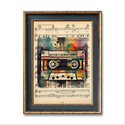 Digital art series featuring a white mixtape on vintage sheet music, merging nostalgic audio elements with modern design.