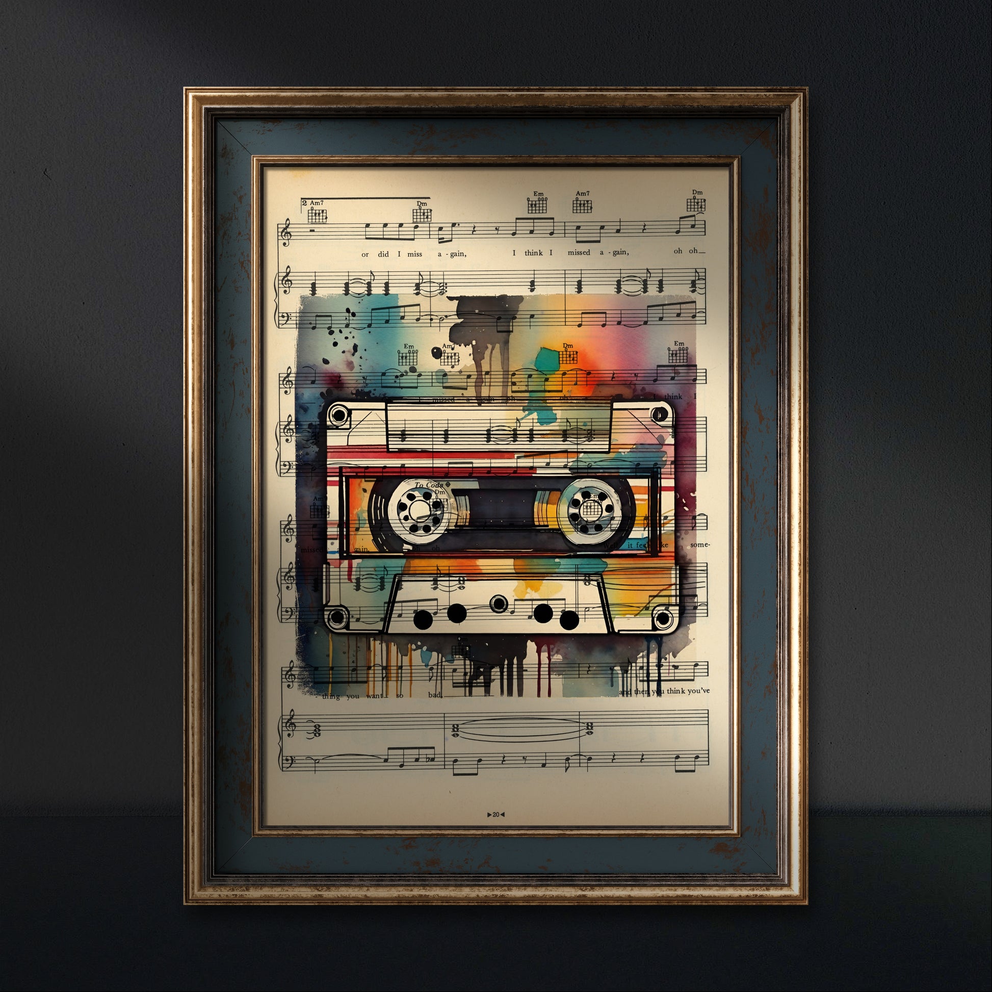 HiFi Retro White Mixtape poster print on original music sheets, blending visual art with vintage music aesthetics.