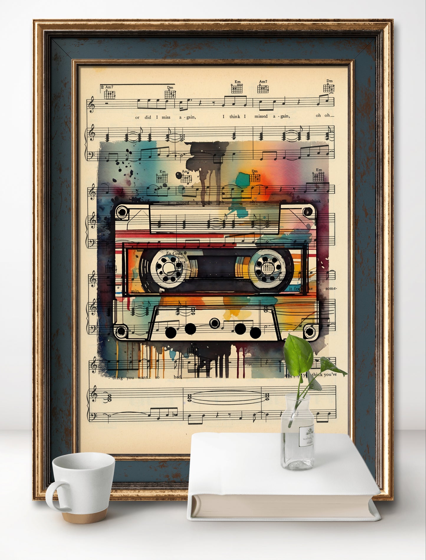 Handcrafted retro audio stack art print highlighting a white mixtape, set against classic '80s sheet music.