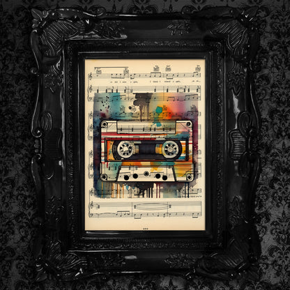 Unique wall art for retro audio lovers, displaying a white cassette tape design on musical notation from legendary '80s hits.