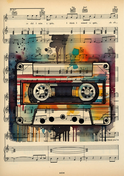 Eco-friendly art print featuring a white mixtape, created on repurposed sheet music pages from renowned '80s songs.