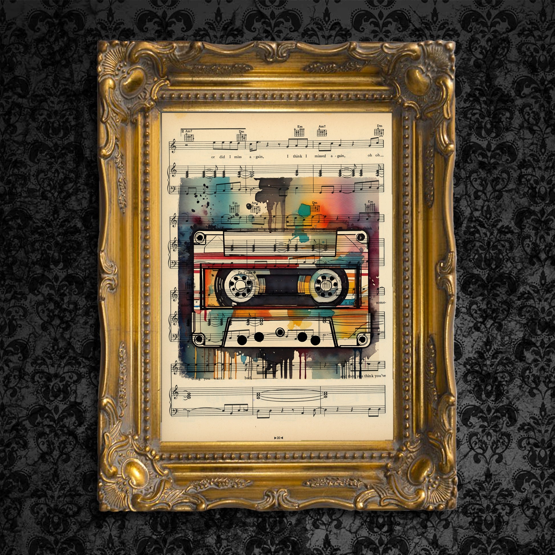 Stylish pop music art showcasing a retro mixtape on vintage musical notation, ideal for modern home décor.