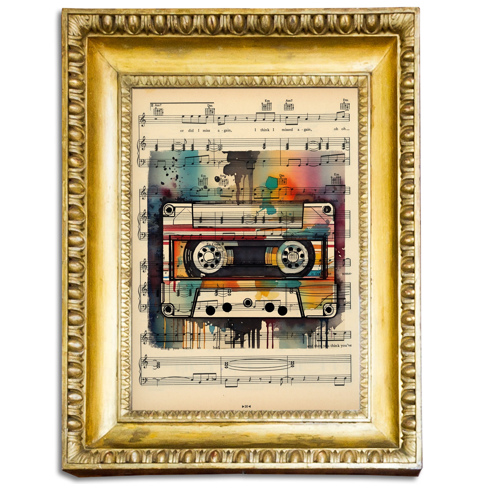 Retro mixtape print on vintage sheet music page featuring classic '80s hits, perfect for music lovers and art enthusiasts.