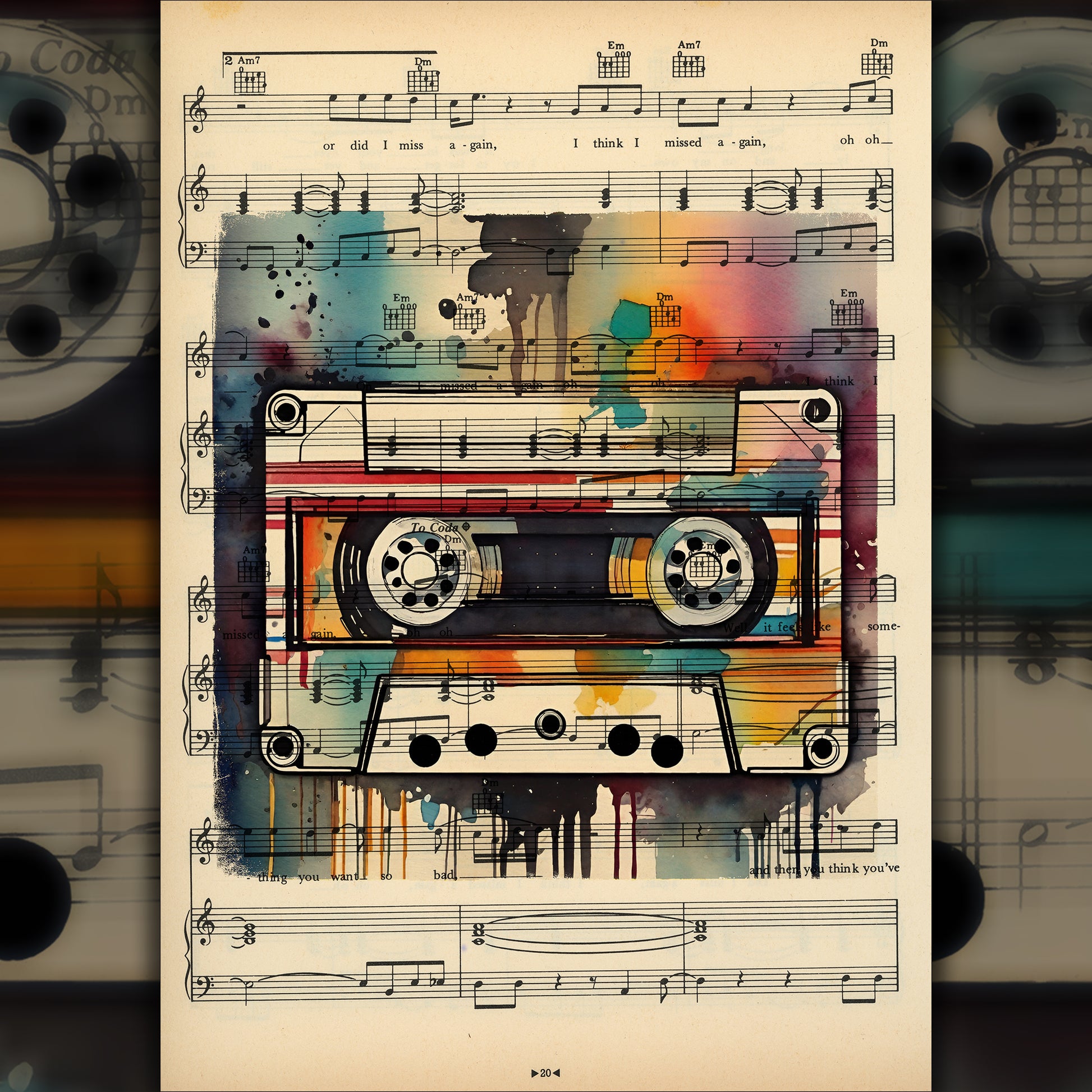 Limited edition HiFi Retro White Mixtape art print by Jakub DK, showcasing an iconic cassette tape design on musical notation pages.