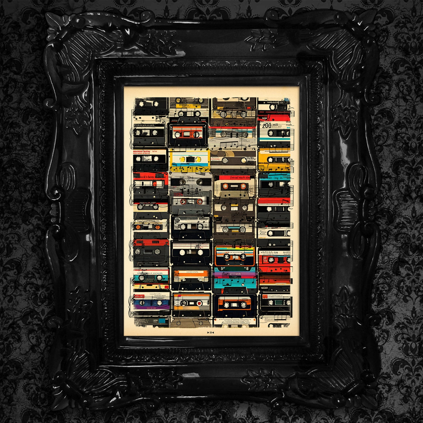 Limited edition Retro Audio HiFi series print with cassette tapes and synthesizers on old music book pages.
