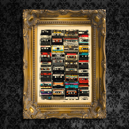 Nostalgic HiFi set digital artwork printed on original '80s music book pages.