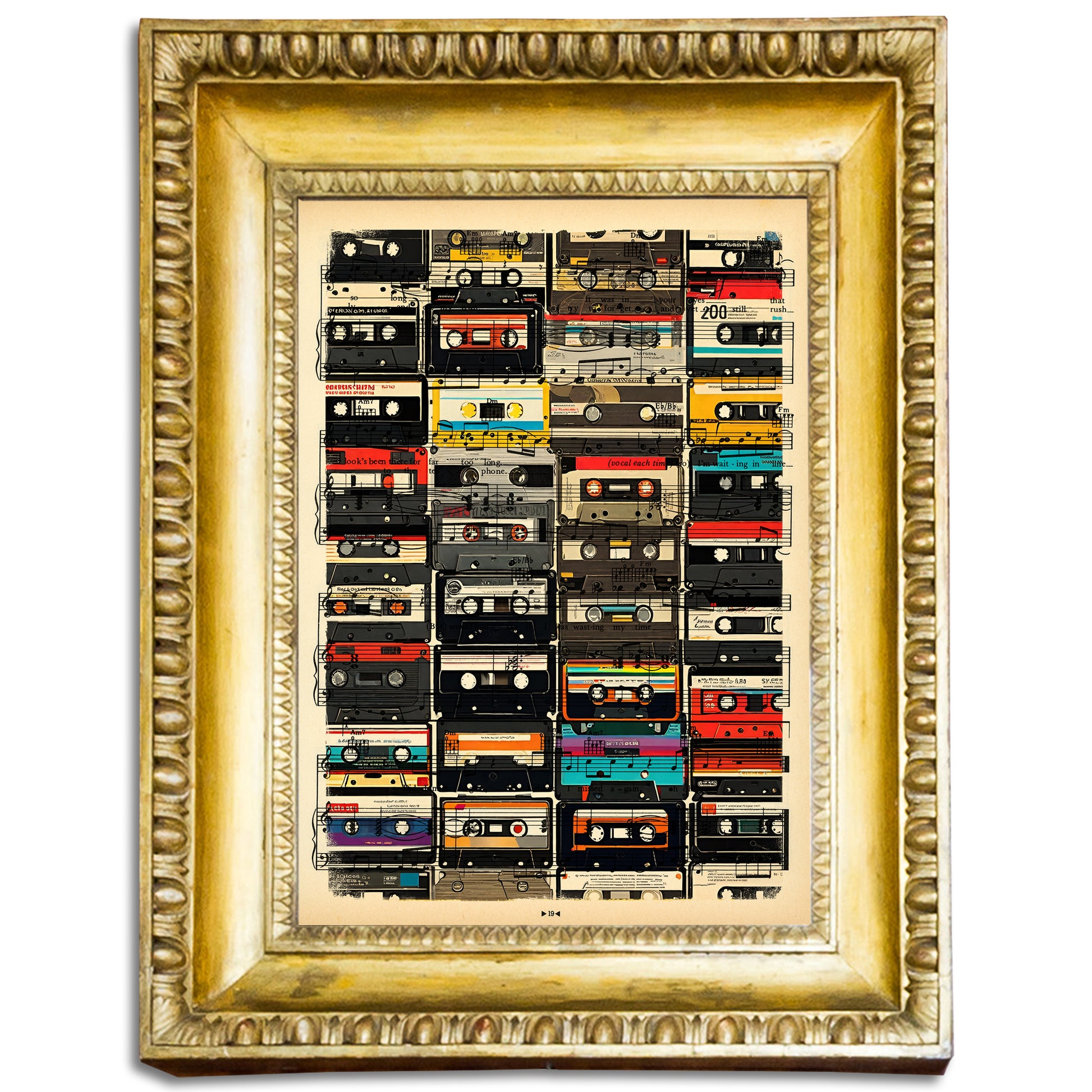 "HiFi Retro Tape Cassette Wall" digital art print on vintage music book page featuring cassette tapes.