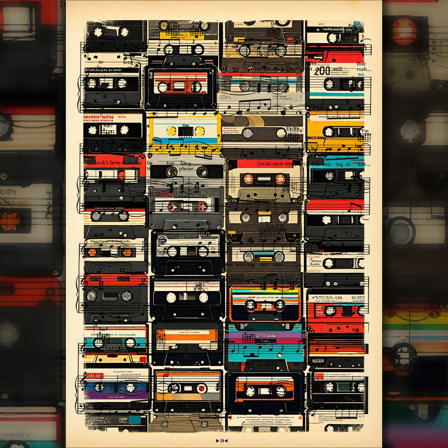 Limited edition "HiFi Retro Tape Cassette Wall" with '80s audio elements on upcycled book pages.