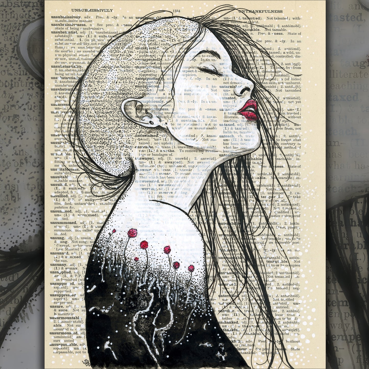 Surreal female figure with a shaved head and red lips on an antique book page