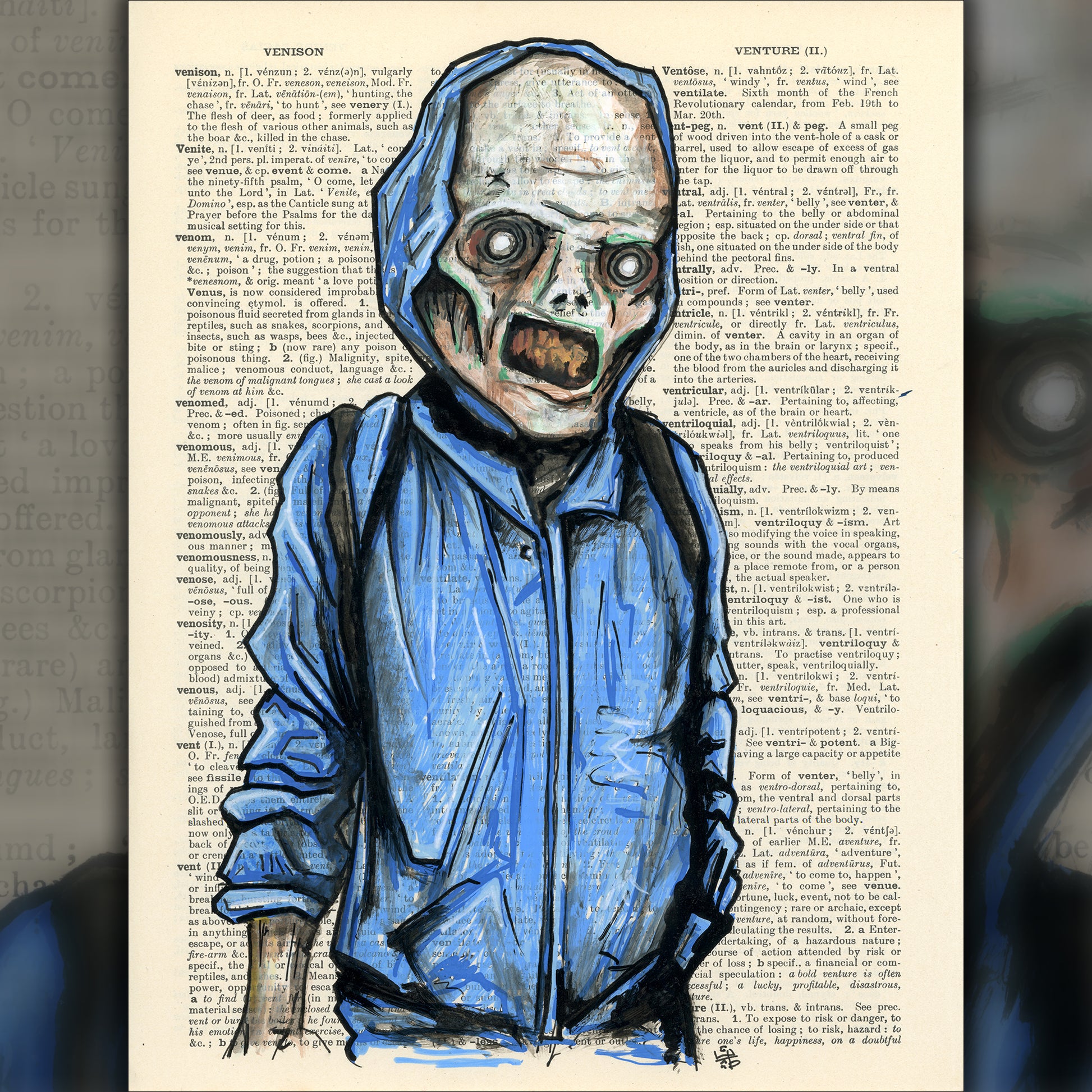 Zombie in Blue Hoodie - An eerie figure captured on an aged page.