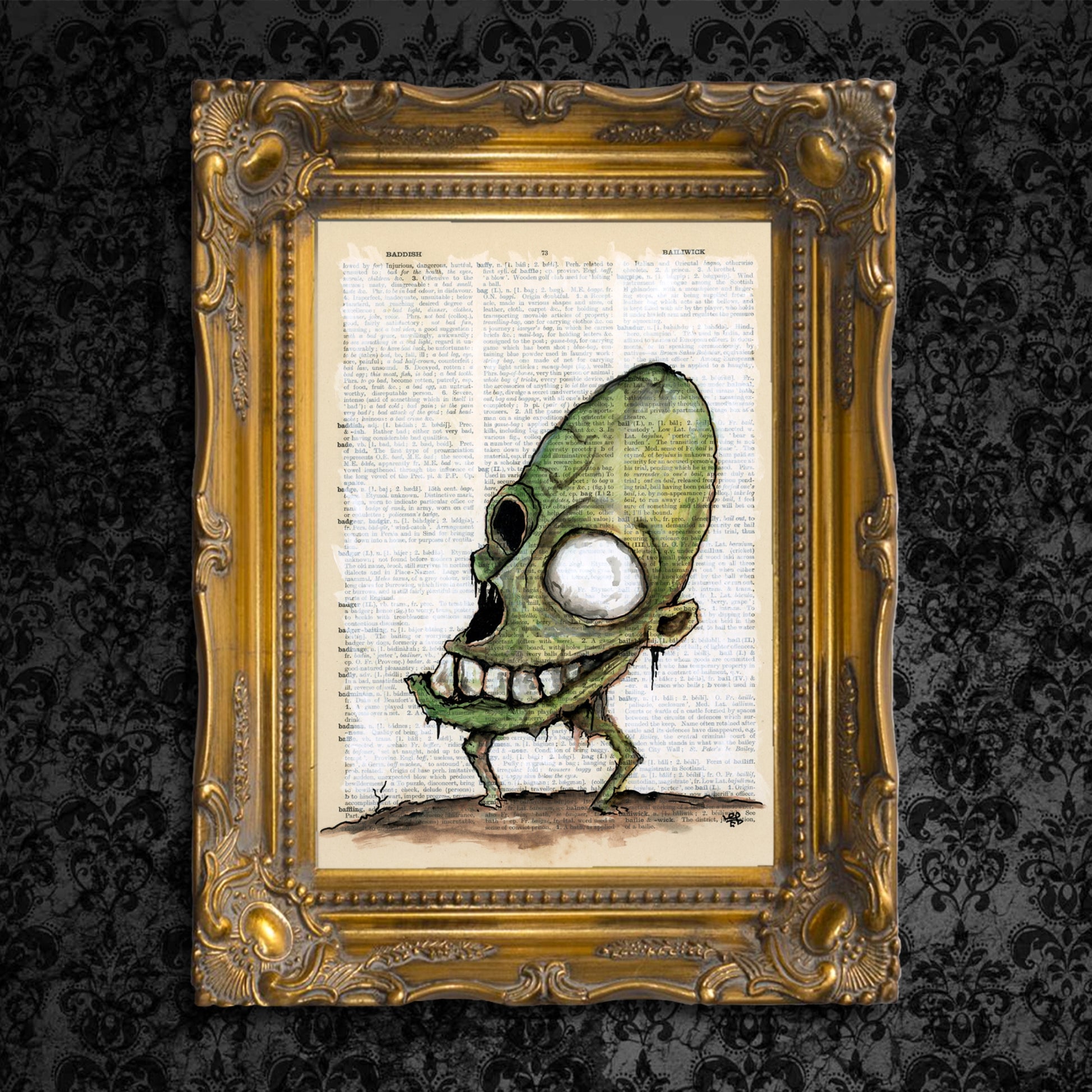 "Whimsical painting: Guacamole Monster emerges from vintage paper."