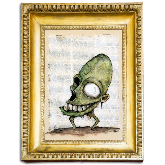 "Guacamole Monster - A blend of acrylic paints and markers on vintage paper."