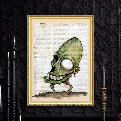 "Horror art: Guacamole Monster depicted on vintage book page."