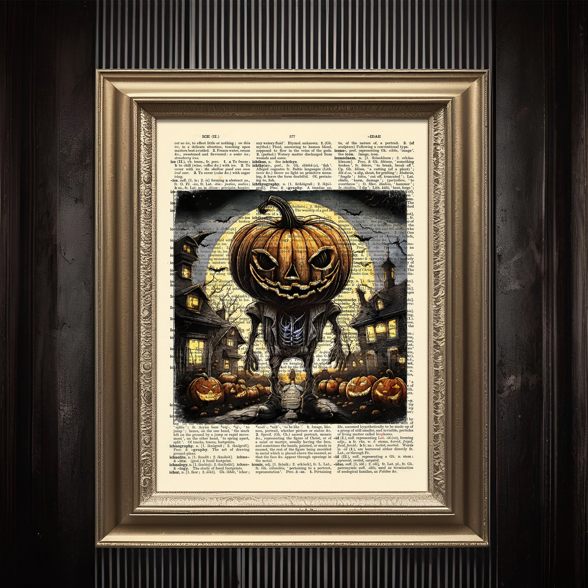 Vintage-inspired funny Halloween artwork on an eco-friendly dictionary page.