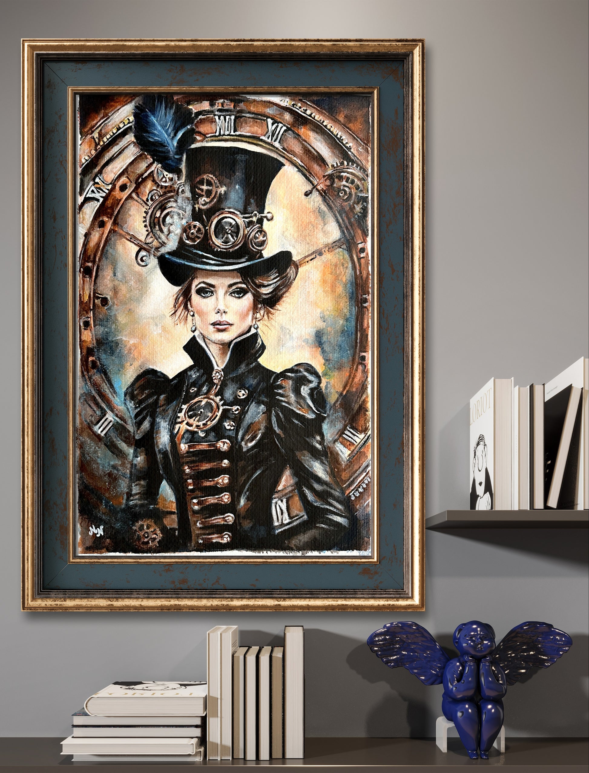 Steampunk Lady: Artwork evoking warmth and vintage luxury with rich tones of brown and navy.