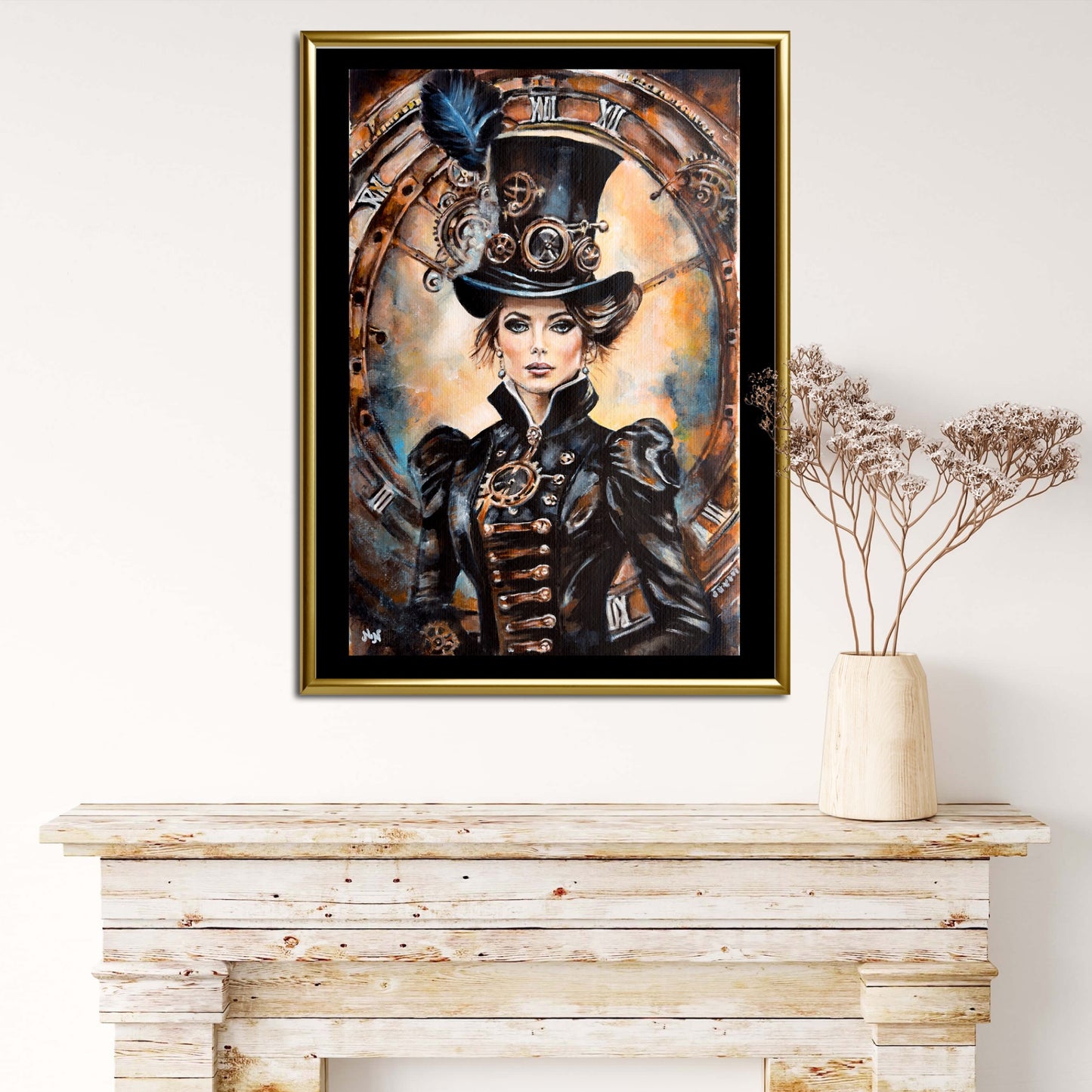 Steampunk Lady: Visual feast of bronze, copper, and cogwheel motifs in a futuristic composition.