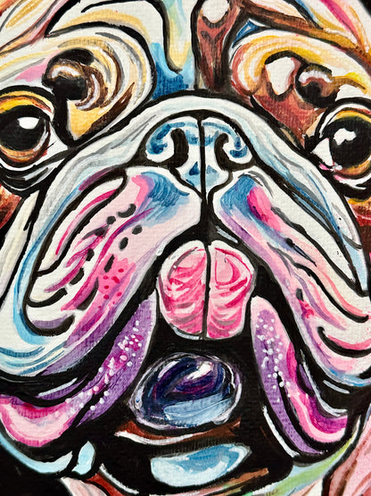 Neon pop art painting of a dog with acrylic and spray paint.