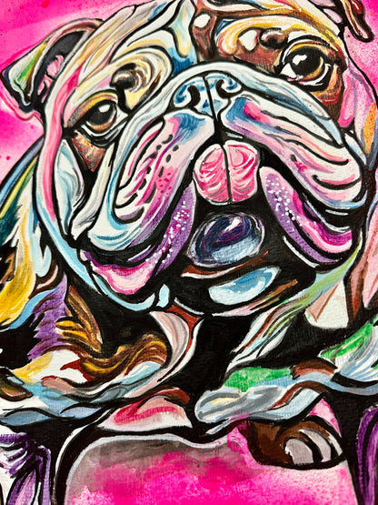 Playful dog portrait in vibrant neon colors and mixed-media.