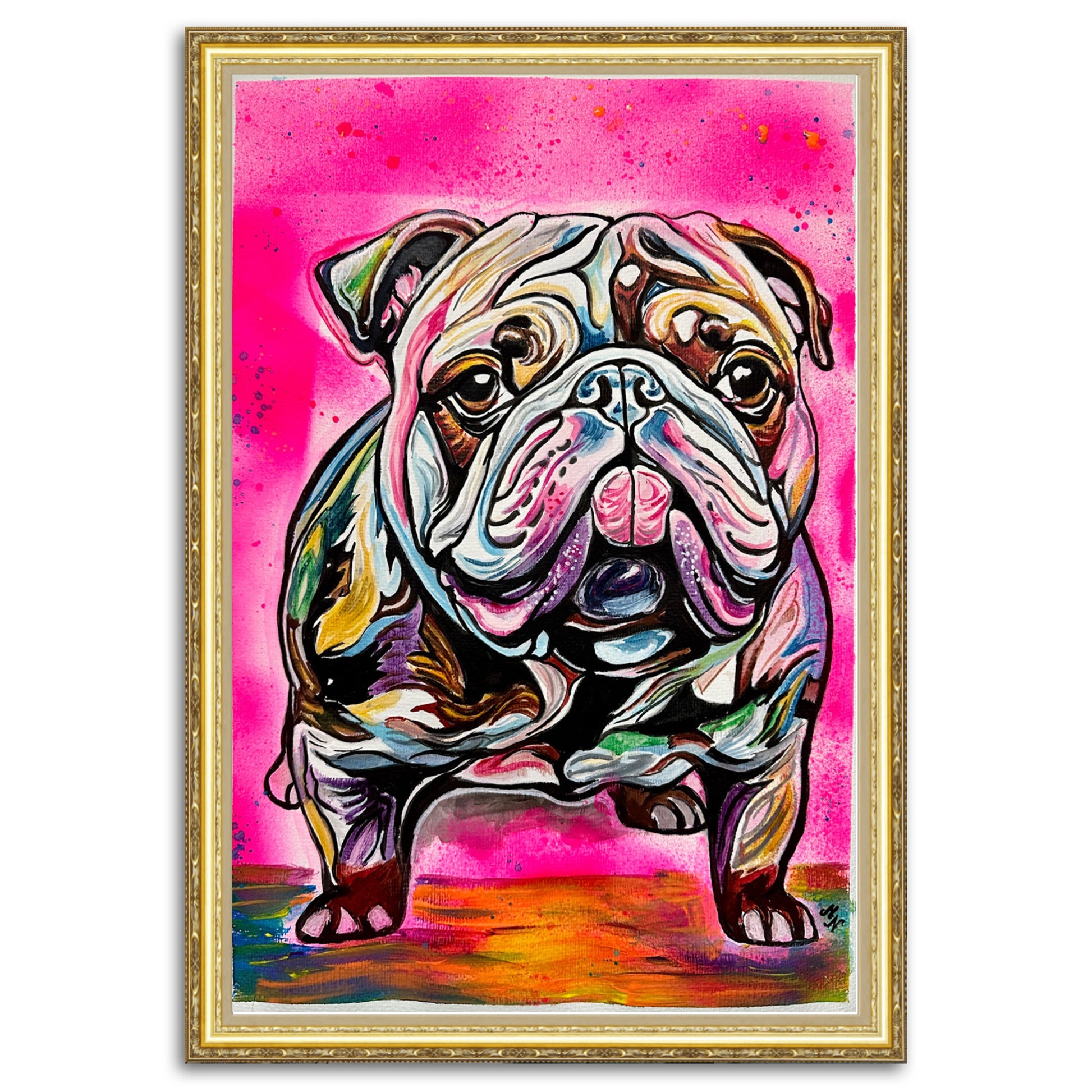 Neon pop art portrait of a dog in vibrant acrylic and spray paint by Misty Lady.