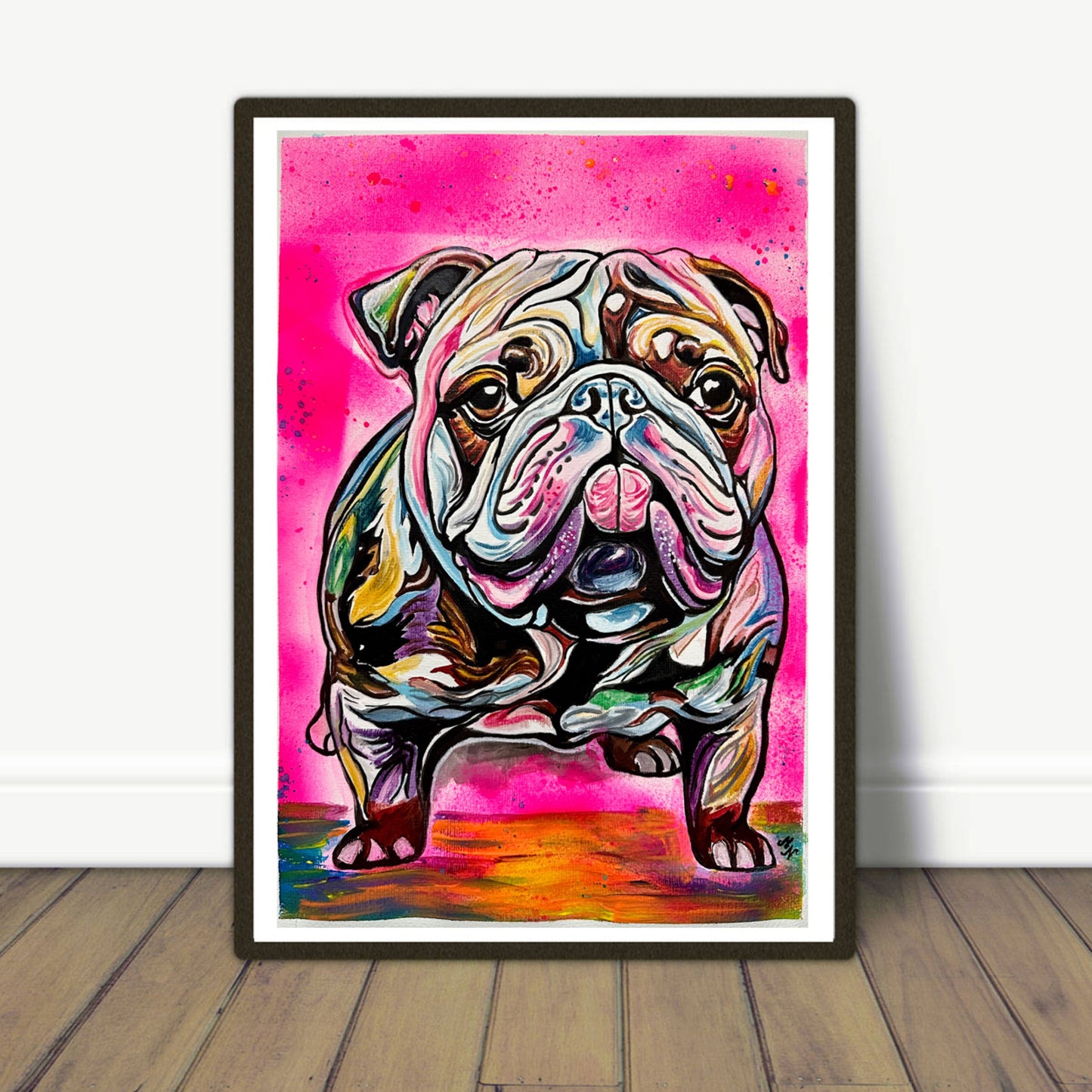 Artistic rendition of a dog in bold pop art style with acrylic and spray paint.