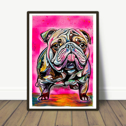 Artistic rendition of a dog in bold pop art style with acrylic and spray paint.