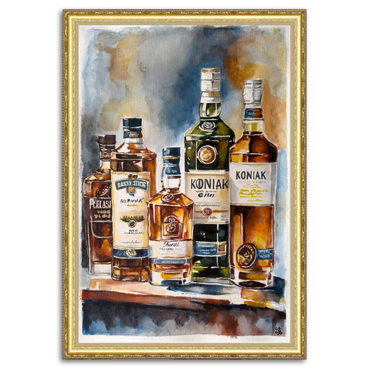 Friday Vibes: Still-life painting featuring various alcohol bottles, including cognac and gin.