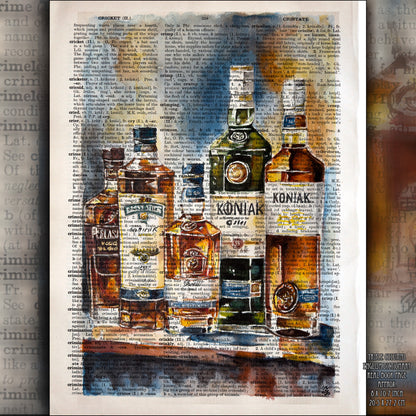 Digital art "Friday Vibes" by Malgorzata Nierobisz, featuring glass bottles of whisky, gin, and vodka on a vintage dictionary page.