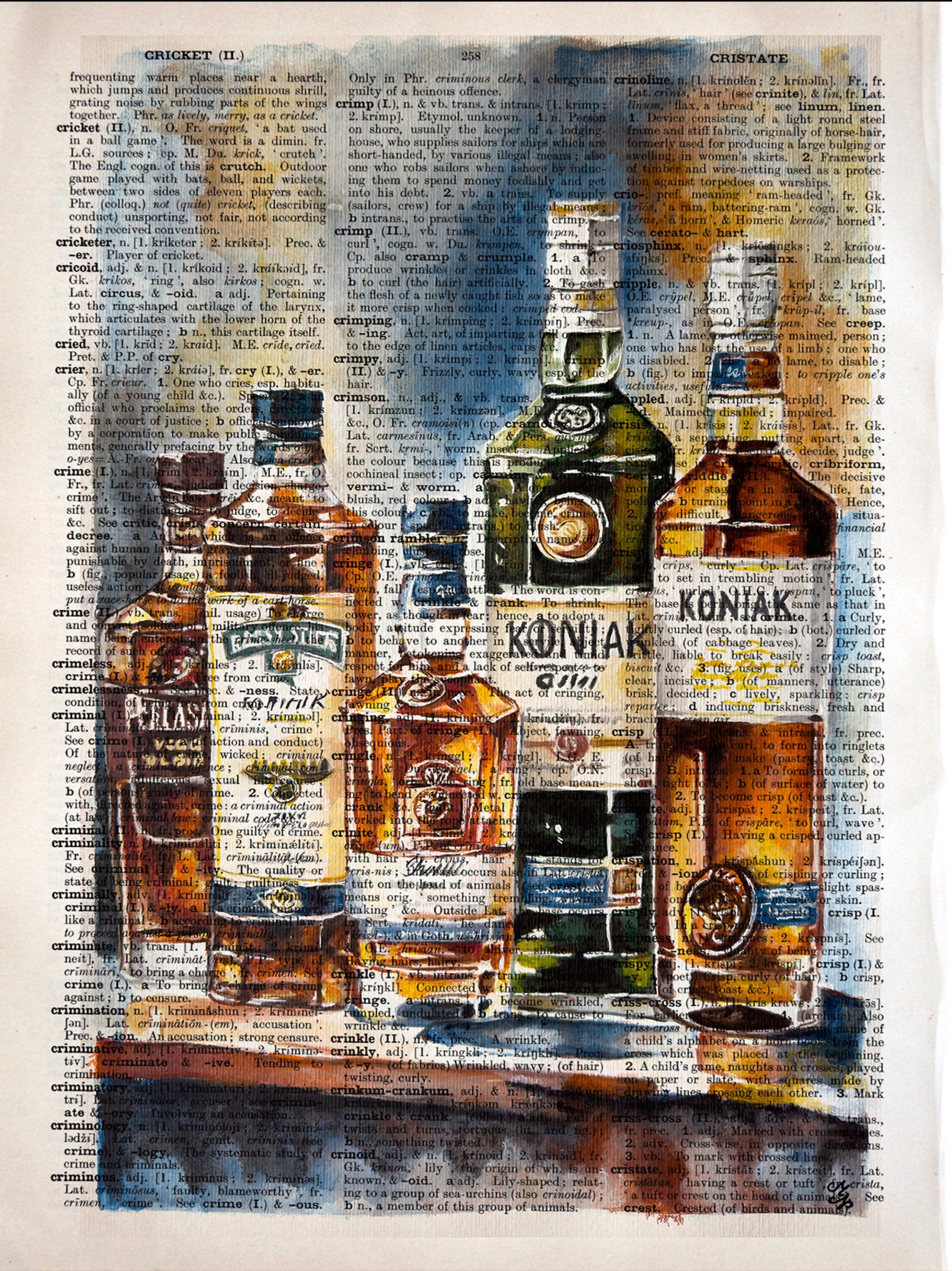 Still-life art "Friday Vibes" by Misty Lady, depicting whisky, gin, and vodka bottles on a vintage dictionary page.