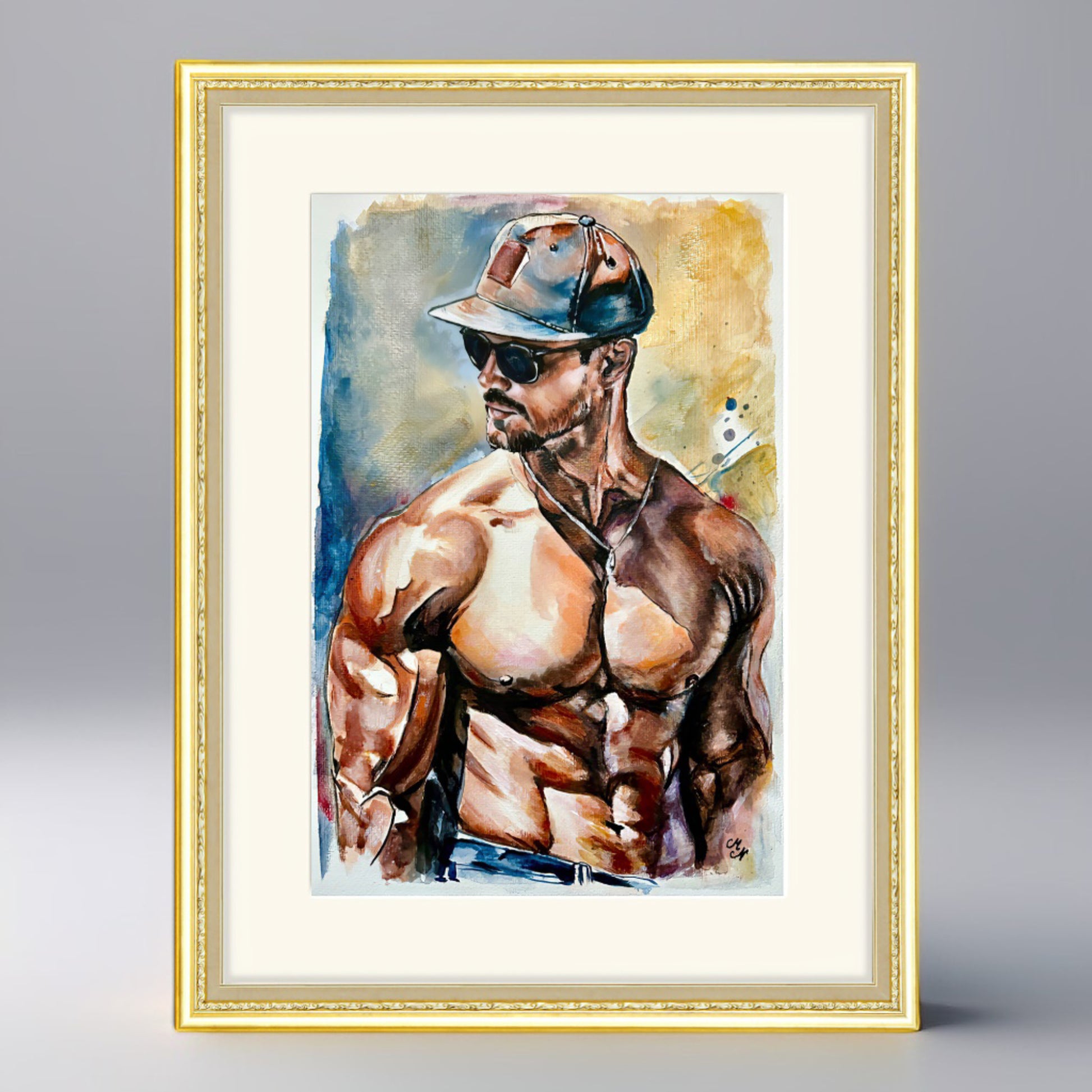 Acrylic and watercolour painting of a muscular figure