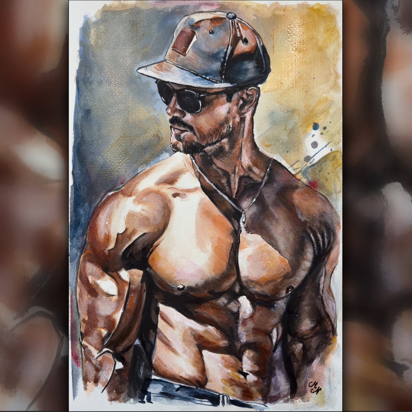 Acrylic, watercolour, and ink artwork of a muscular man