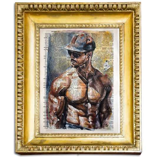 "Muscled Body" by Misty Lady, a digital art piece showcasing a muscled figure on an upcycled vintage 1930s English dictionary page.