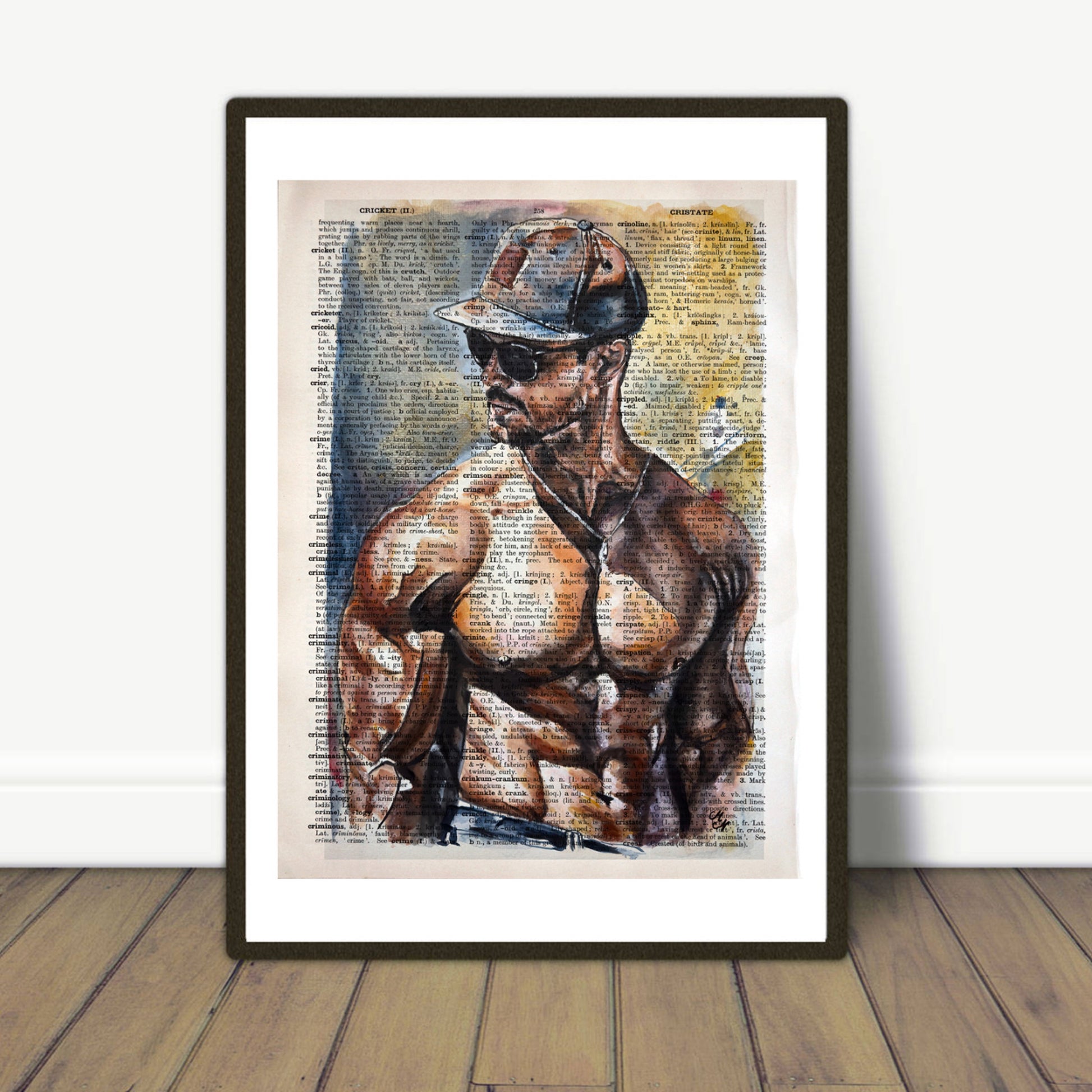 "Muscled Body" by Misty Lady, a striking digital painting of a muscled body on an upcycled 1930s English dictionary page.