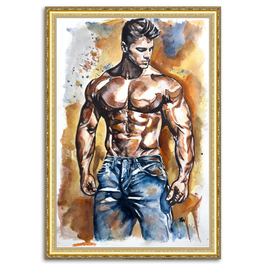 Badass dude in denim and shirtless, ready for street-level action - "Eyes of the Tiger" art piece