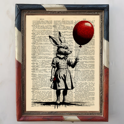 Girl with rabbit head and red balloon in digital art, printed on an authentic 1930s English dictionary page.