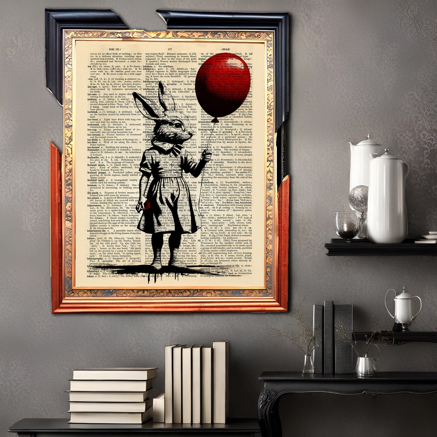 "Where is Alice" - Artwork with a girl and rabbit head, holding a red balloon, against a backdrop of vintage dictionary text.