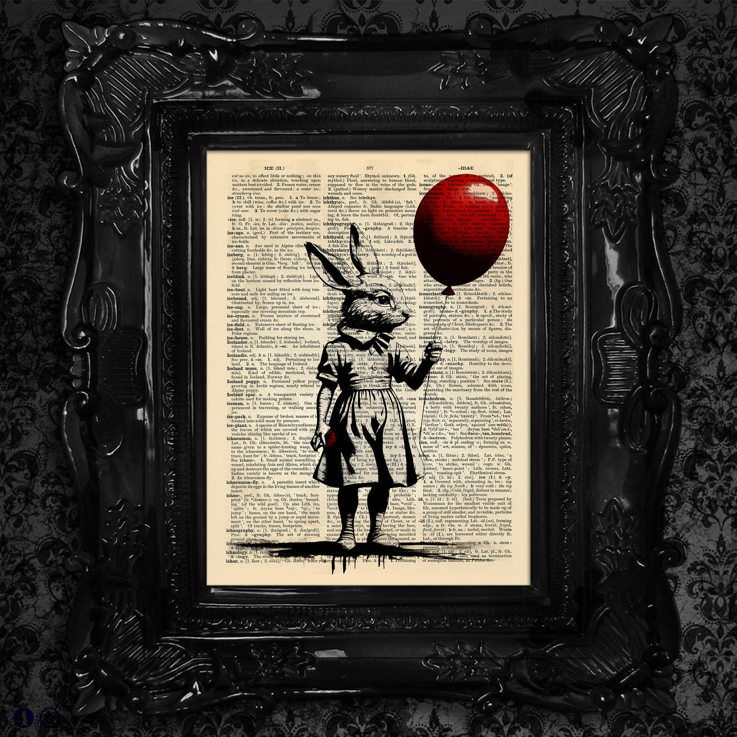 Artistic depiction of a girl with a rabbit head and a red balloon, printed on an upcycled 1930s English dictionary page.