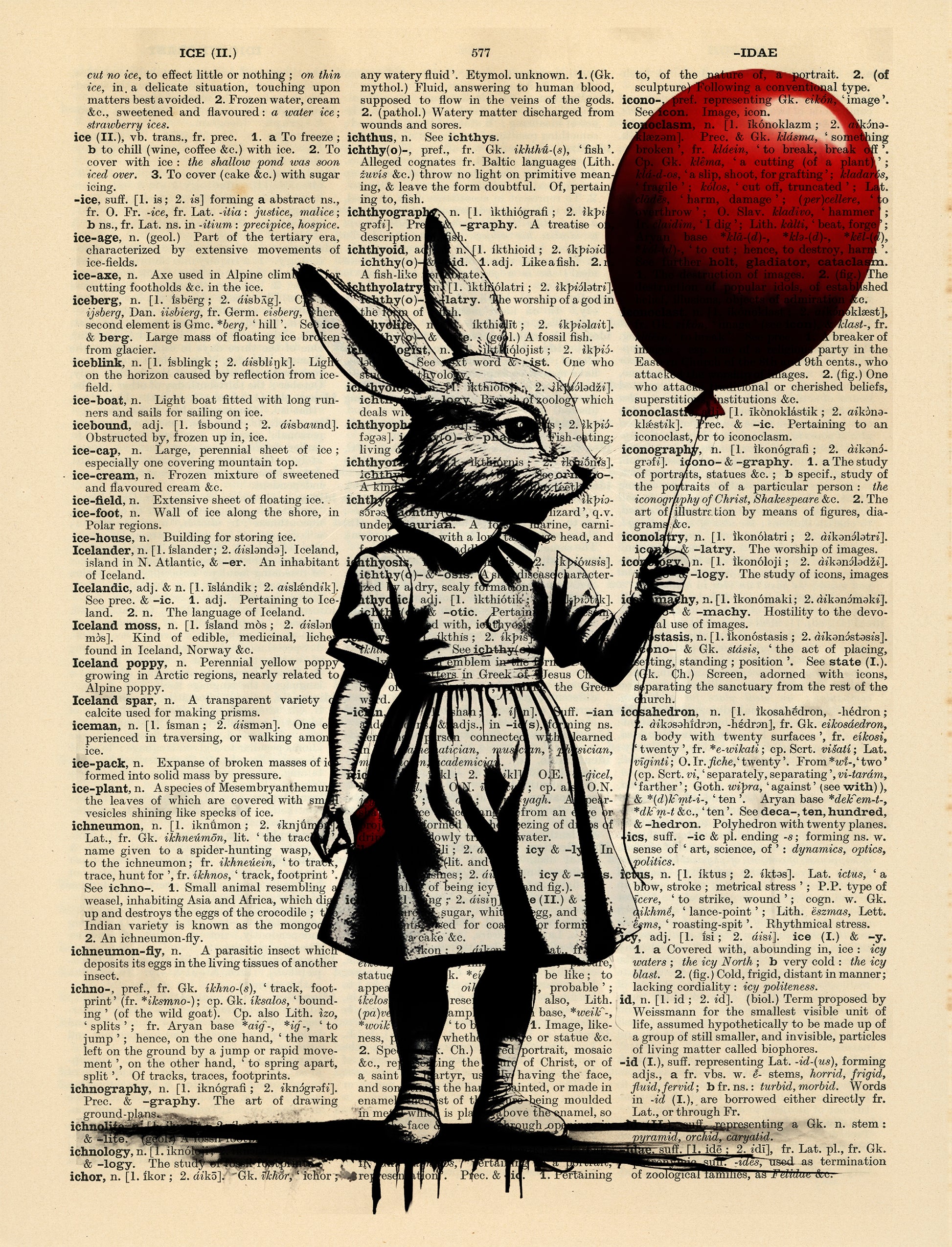 "Where is Alice" - A whimsical black and red artwork on a vintage dictionary page, showing a rabbit-headed girl with a balloon.