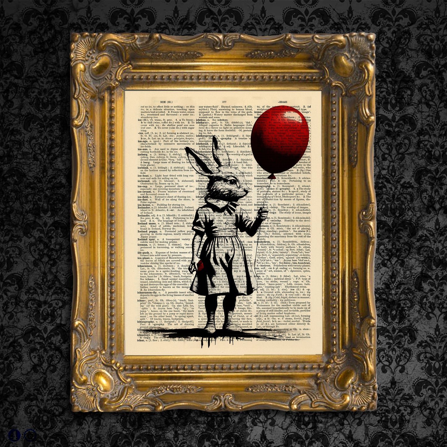 "Where is Alice" - An eco-conscious art piece of a rabbit-headed girl holding a red balloon, printed on upcycled dictionary paper.