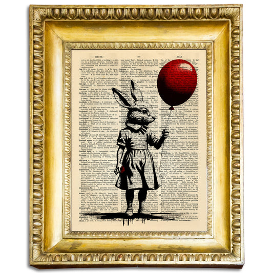 "Where is Alice" - A digital art piece featuring a girl with a rabbit head holding a red balloon on a vintage English dictionary page.