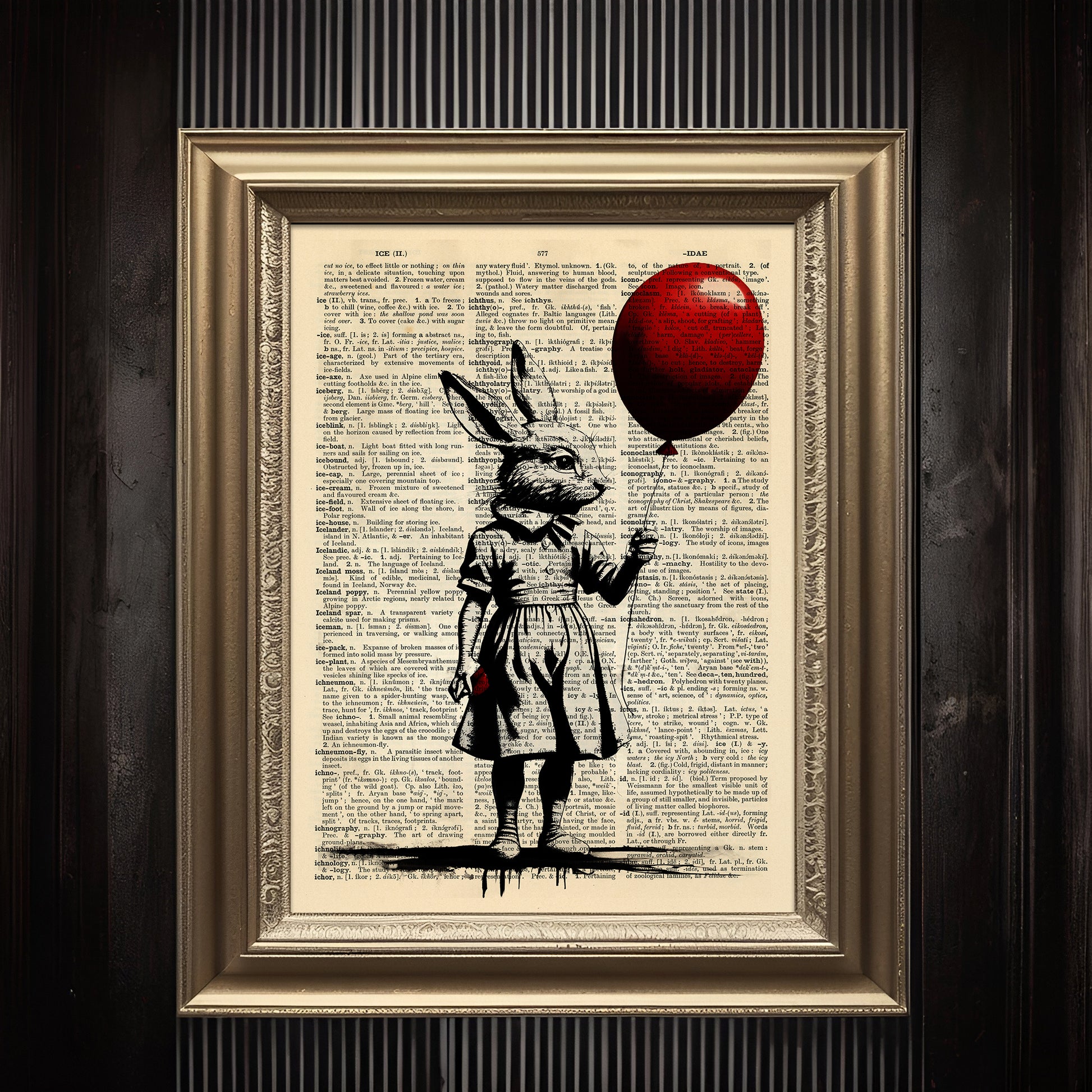 Digital art featuring a girl with a rabbit head and a red balloon on a repurposed 1930s English dictionary page.