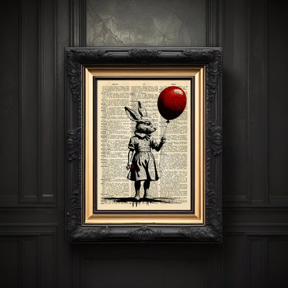 Black ink illustration of a girl with a rabbit head holding a red balloon, set against a vintage English dictionary background.