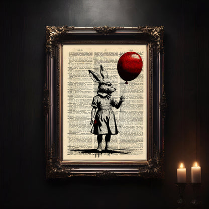 Vintage dictionary page art depicting a rabbit-headed girl with a red balloon, created with black ink and digital techniques.