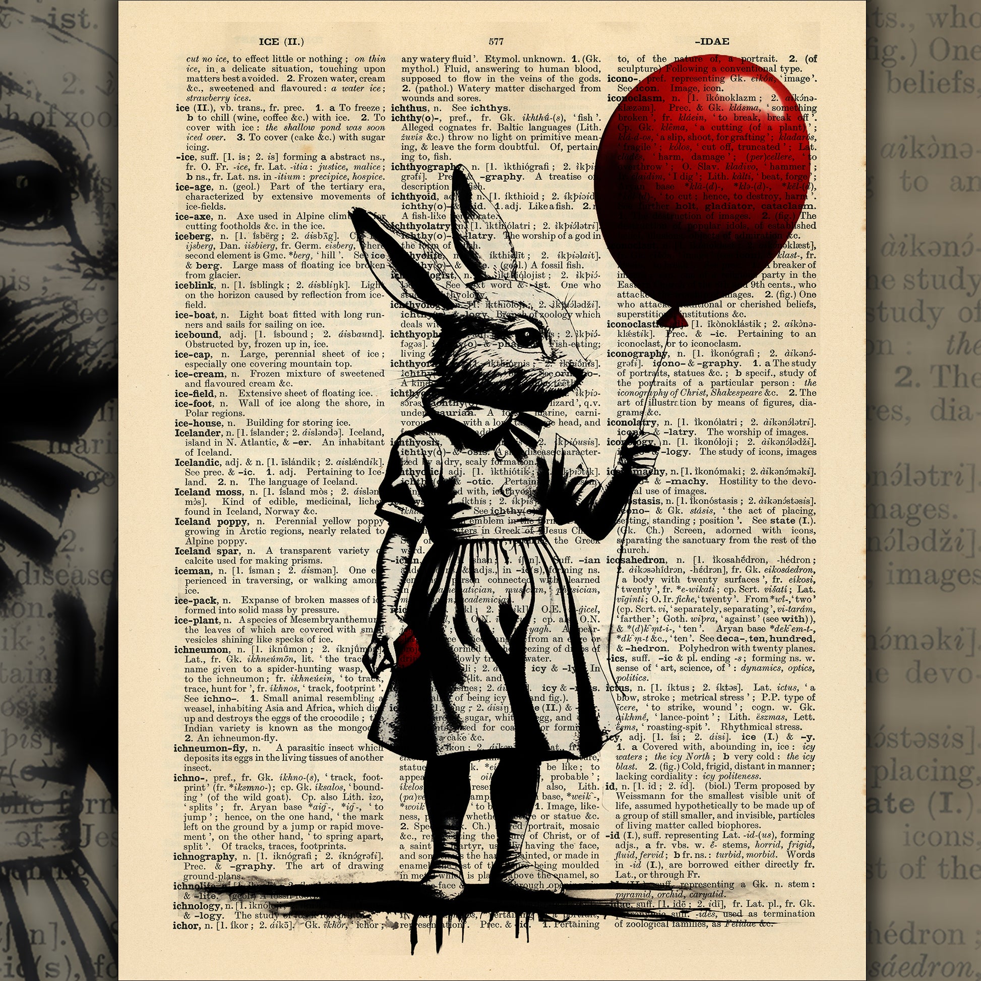 Black ink drawing of a girl with a rabbit head and a red balloon, printed on an upcycled English dictionary page from the 1930s.