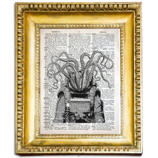 Astronaut Octopus on Vintage Page - Victorian Gothic Decor, Steampunk Art, Funny Animals Lover, Dictionary Art - ArtCursor