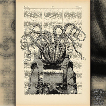 Astronaut Octopus on Vintage Page - Victorian Gothic Decor, Steampunk Art, Funny Animals Lover, Dictionary Art - ArtCursor