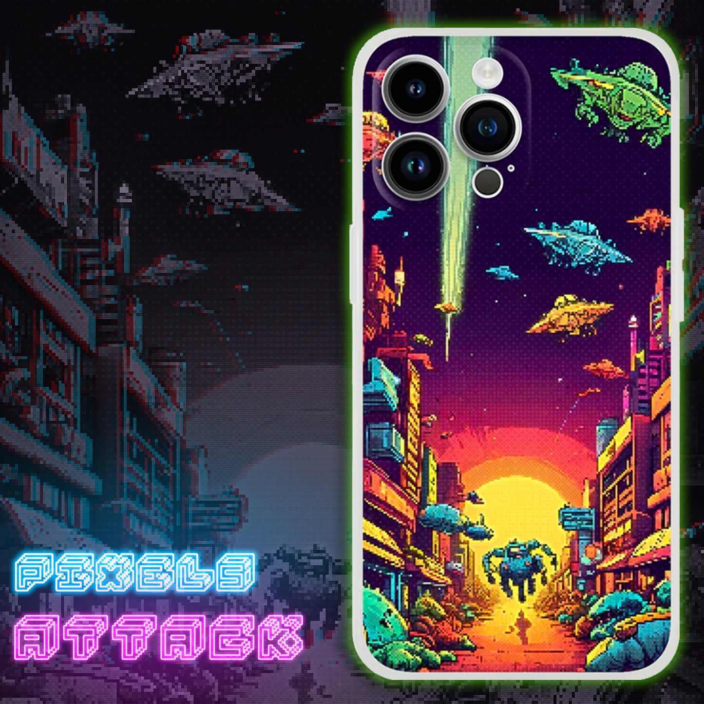 "Pixels Attack" is a great iPhone case with a vibrant pixel art depicting a pixelated city under attack by spaceships