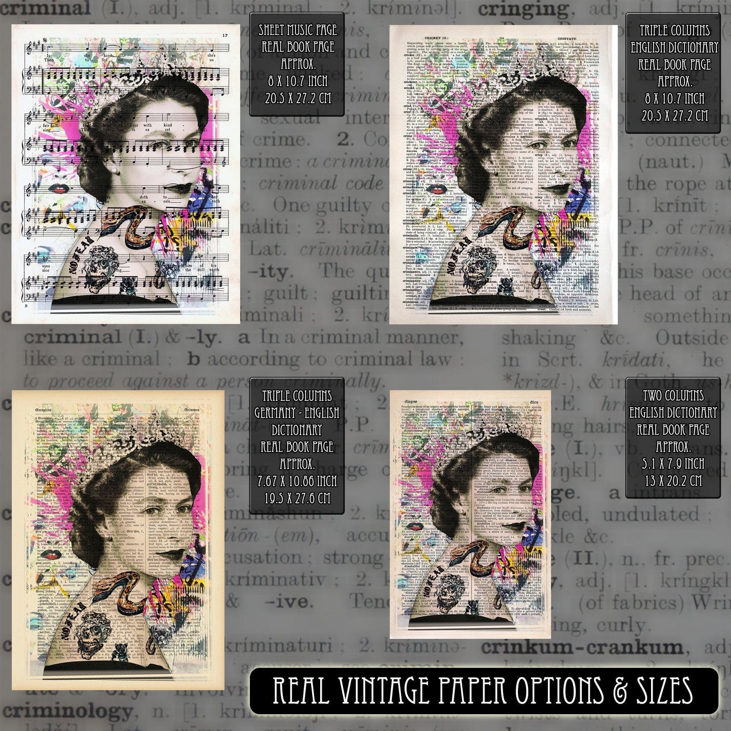 Queen Elizabeth II Snake Tattoo Art Poster on Vintage Dictionary Page - ArtCursor