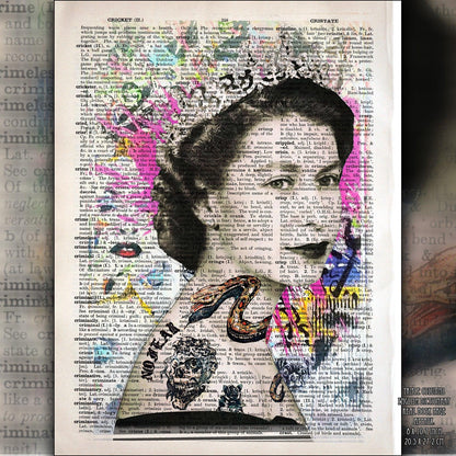 Queen Elizabeth II Snake Tattoo Art Poster on Vintage Dictionary Page - ArtCursor